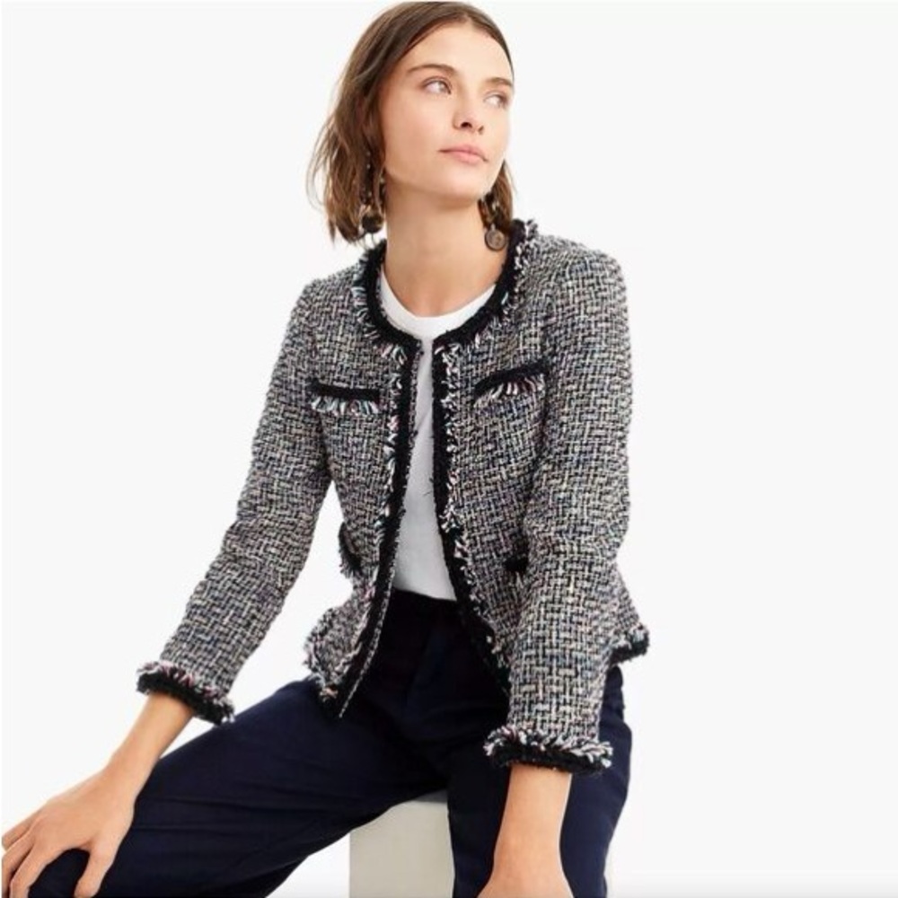 J. Crew Lady Metallic Tweed Jacket in Black Rainbow Multi Fringe Size 12